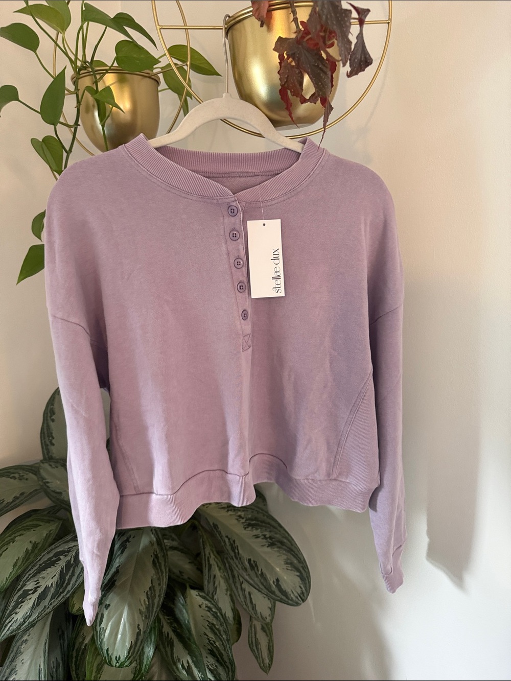 Stellae Dux Elevated Crewneck Henley Sweatshirt - Lavender - 100% cotton